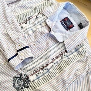 English Laundry 2X Women Shirt Pinstripe Patchwork Grandmacore Embroidered Boho